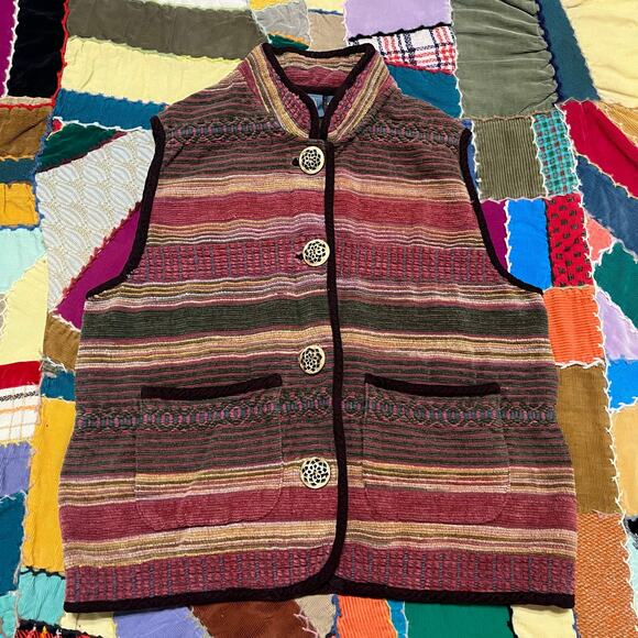 Vintage Ivy Red/Brown/Tan Striped Cotton Woved Vest Large - Picture 1 of 5